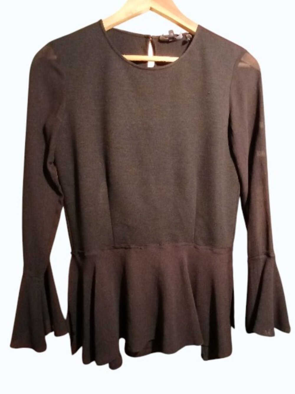THEORY Black Long Sleeve Wool Peplum Sheer Sleeve/Hem Blouse - EUC - Picture 8 of 11